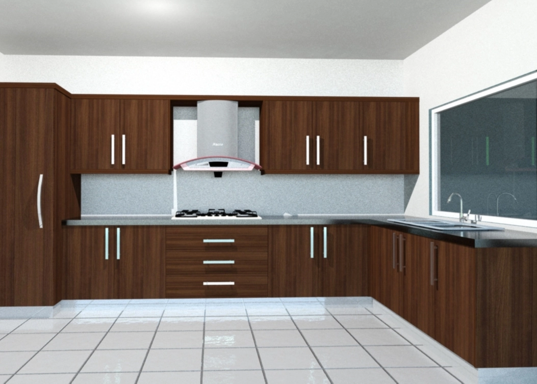brown l-shaped modular kitchen with minimalist design by hescone engineering