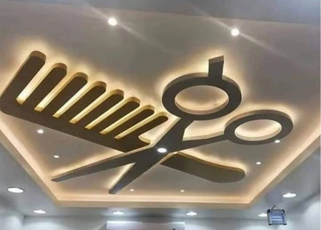 custom false ceiling with salon theme by hescone engineering
