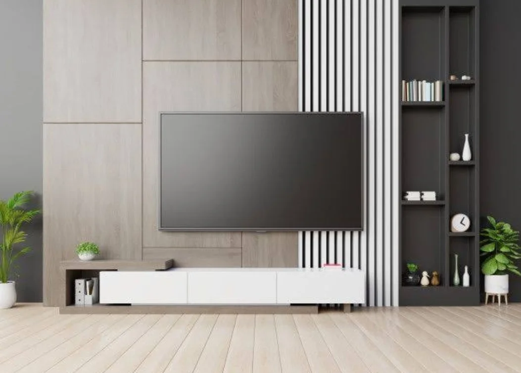 minimalist wall-mounted tv unit with vertical panels by hescone engineering