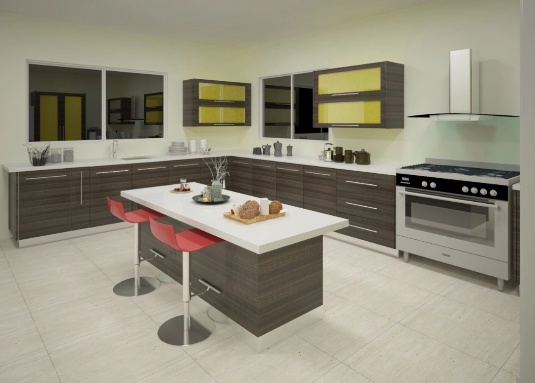 spacious modular kitchen with island and bar stools by hescone engineering